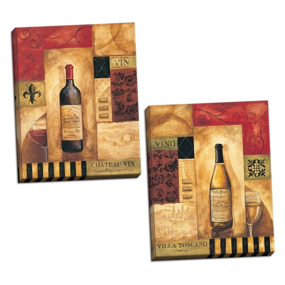 Gango Home Decor Red and Beige Elegant Wine Adult Kitchen Wall Art; Two 16x20" Stretched Canvas Portrait Orientation Posters