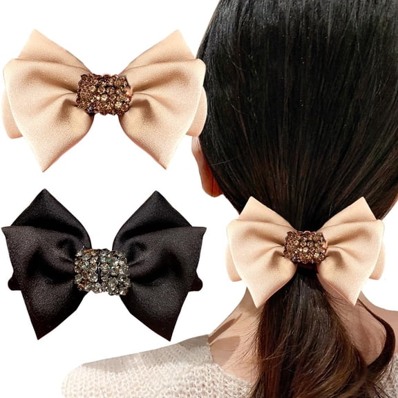 2Pcs Shining Rhinestone Elastic Bow Hair Ties Coffee Black Hair Scrunchies