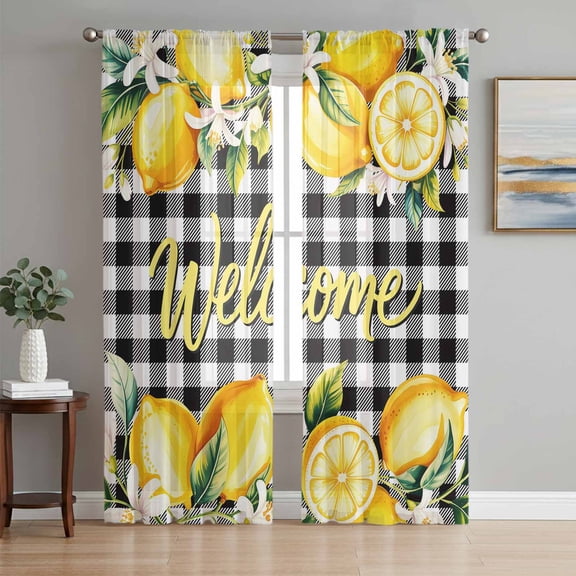 Yellow Lemons Sheer Curtains 63 Inch Length 2 Panels Set Window Treatments, Summer Fruits Leaves Botanical Buffalo Plaid Rod Pocket Semi Curtains for Living Room/Bedroom/Kitchen Décor, 104"W x 63"L