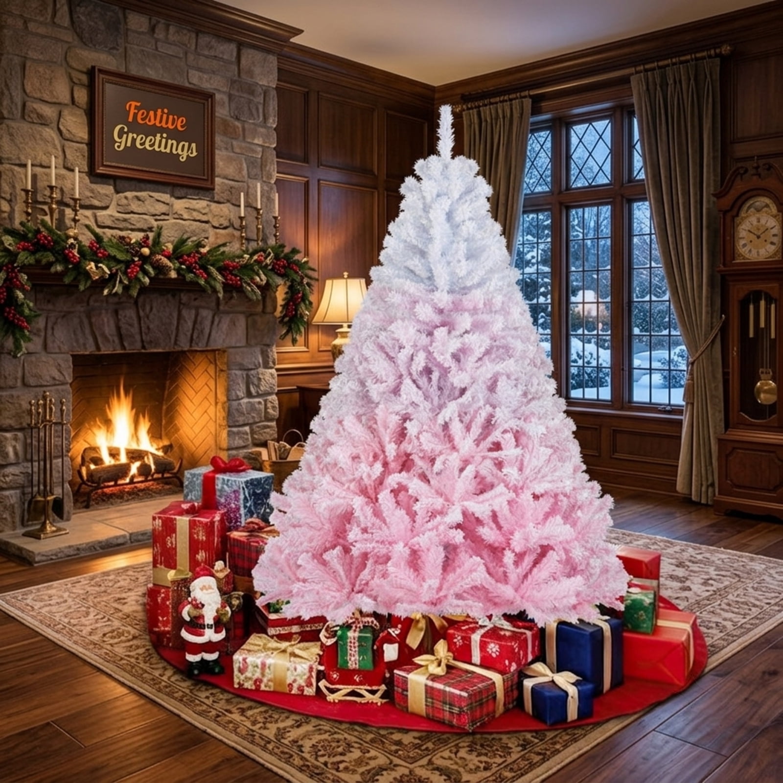 RUIE 6FT White & Pink Gradient Artificial Christmas Tree, 820 Snow Flocked Branch Tips Hinged Xmas Tree with Folding Metal Stand for Bedroom Holiday