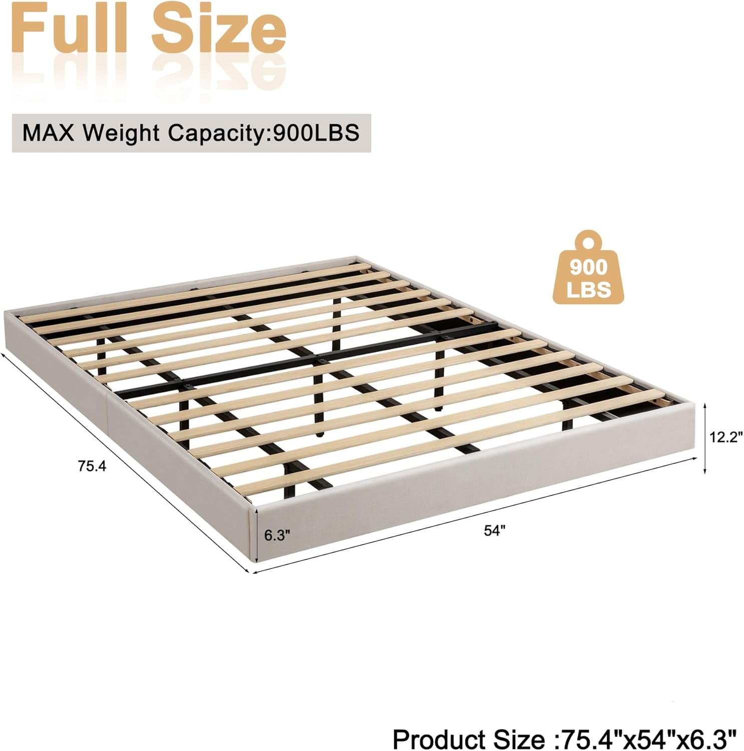 Reliancer Full Size Floating Bed Frame with LED Lights, Modern Upholstered Full Platform Bed Frame, No Headboard, No Box Spring Needed, Easy to Assemble