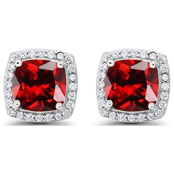 18k White Gold 2 Ct Halo Princess Cut Garnet Stud Earrings for Women Plated by Paris Jewelry