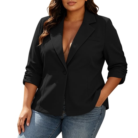 SuTry Women's Plus Size Blazer Jacket Single Button Notched Lapel Rolled Up Sleeve Padded Shoulders Side Pockets Relaxed Fit Business Casual Office Workwear Daily Wear Outerwear