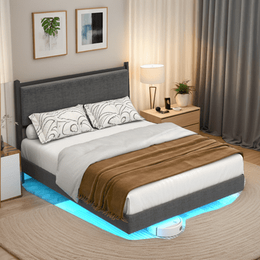 Floating Bed Frame with LED - Modern Upholstered Full Platform Bed, Double Reinforced Beams & Tool-Free Assembly, No Box Spring Required (Grey)