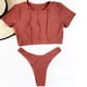 thumbnail image 5 of Conjunto de bikini a la moda para mujer Traje de baño de dos piezas Color sólido Cuello redondo Manga corta Traje de baño Ropa de playa Fridja  nalpqowj53998, 5 of 8