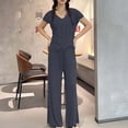 thumbnail image 5 of BUIGTTKLOP Pajama Sets for Women 2 Piece Short Sleeve Outfits Summer Casual Pullover Tops Wide Leg Pants Lounge Sets, 5 of 6