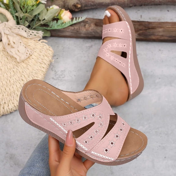 Bkhluea Women Wedge Slide Sandals Star Cutout Embroidered Shoes Comfortable For Casual Home Travel Daily Outdoor Activities