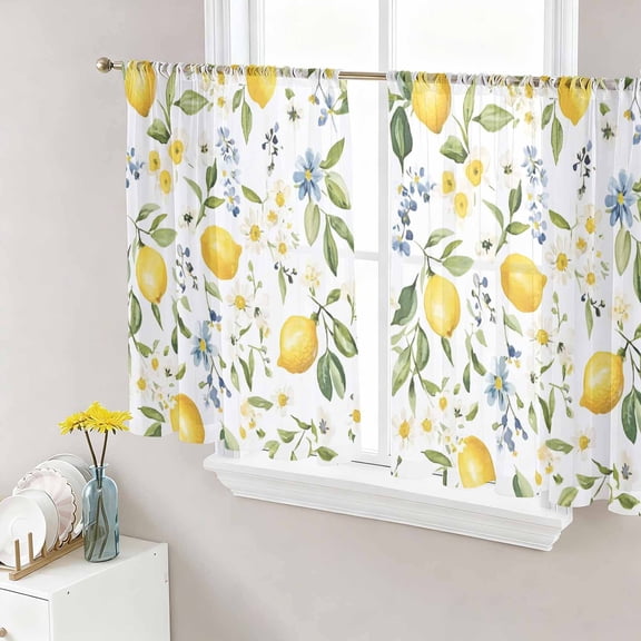 Summer Lemon Semi Sheer Curtains 45 Inch Length 2 Panels Set, Yellow Botanical Spring Floral Blue Sheer Kitchen Curtain Privacy Voile Window Curtain for Living Room Bedroom Rod Pocket Drapes