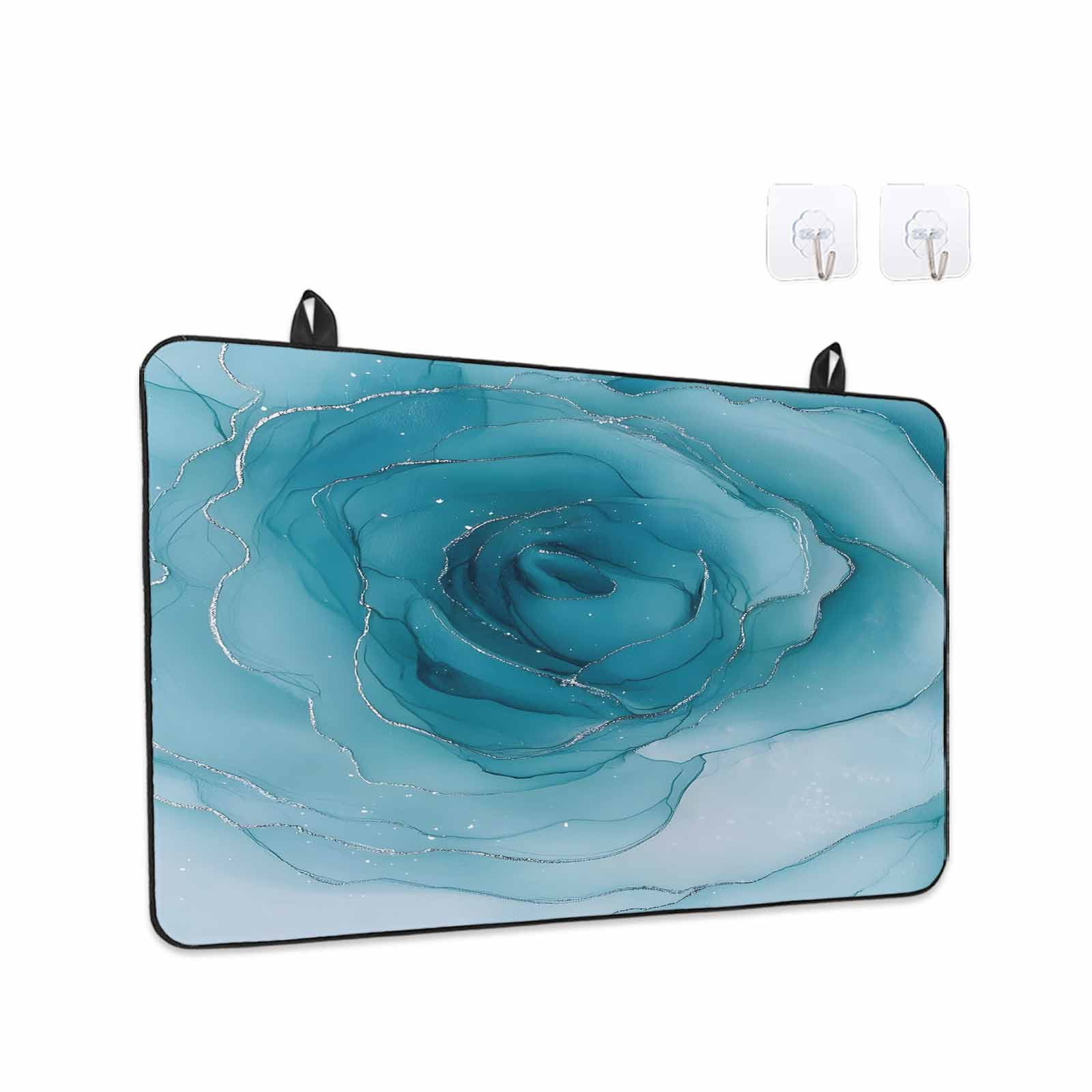 Marble Teal Blue Stove Top Cover for Electric Stove, Heat-proof & Non Slip Glass Top Stove Cover Protector, Modern Rose Floral Ink Art Silver Lines Kitchen Flat Cooktop Rubber Mat 24x21 Inches