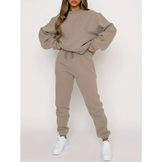 Solid Two-piece Set Long Sleeve Tops & Drawstring Jogger Pants Women's Clothing