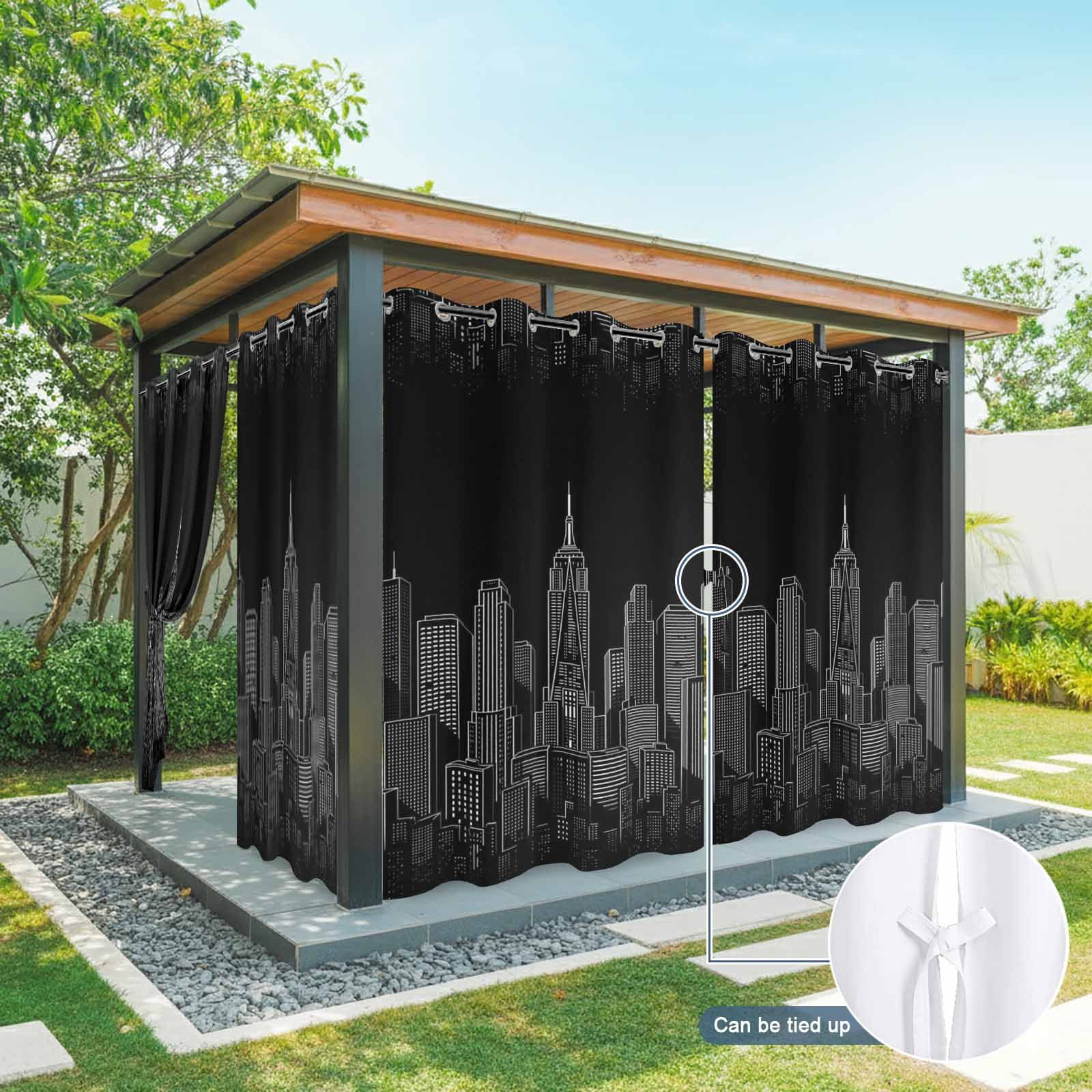 Modern Art Outdoor Curtains for Patio, Black and White Skyscrapers Night City Minimalist Sunshade Privacy Drapes Grommet Waterproof Outside Curtains for Porch/Cabana/Balcony 54"x 108", 1 Panel