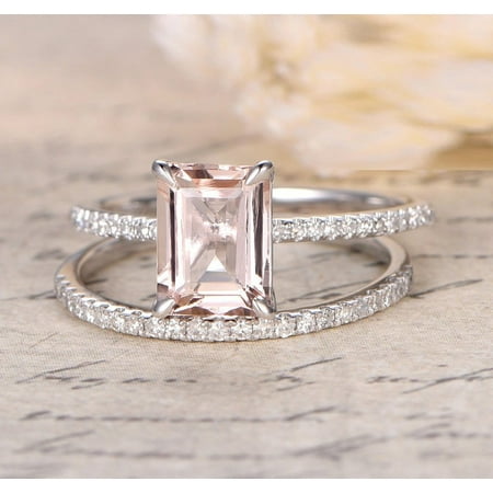 Emerald Wedding (1.50 Carat Peach Pink Morganite (emerald cut Morganite) and Diamond Engagement Ring Wedding Bridal Set in 10k White)