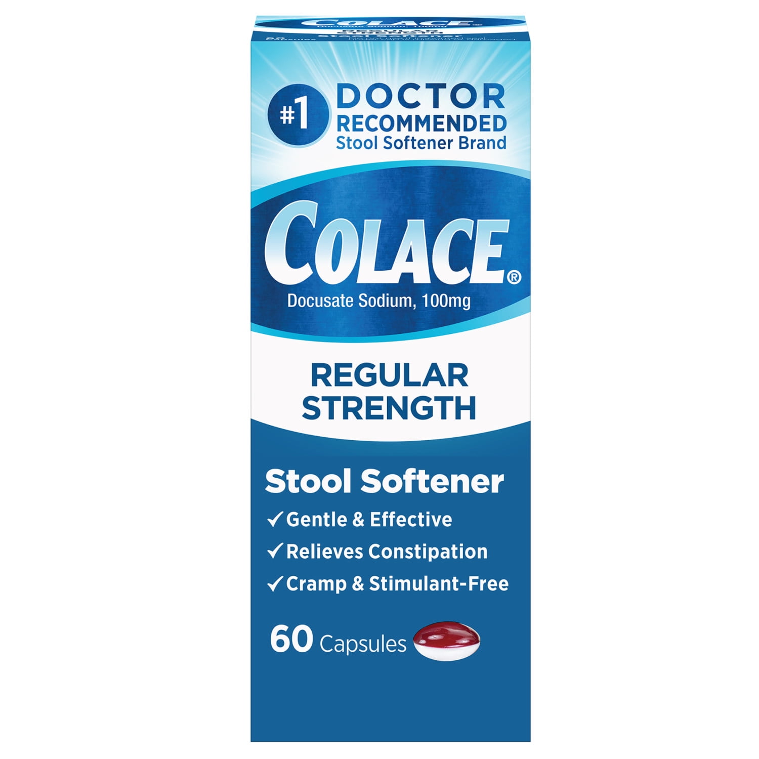 Colace Stool Softener Constipation Relief, 100 mg, 60 Capsules