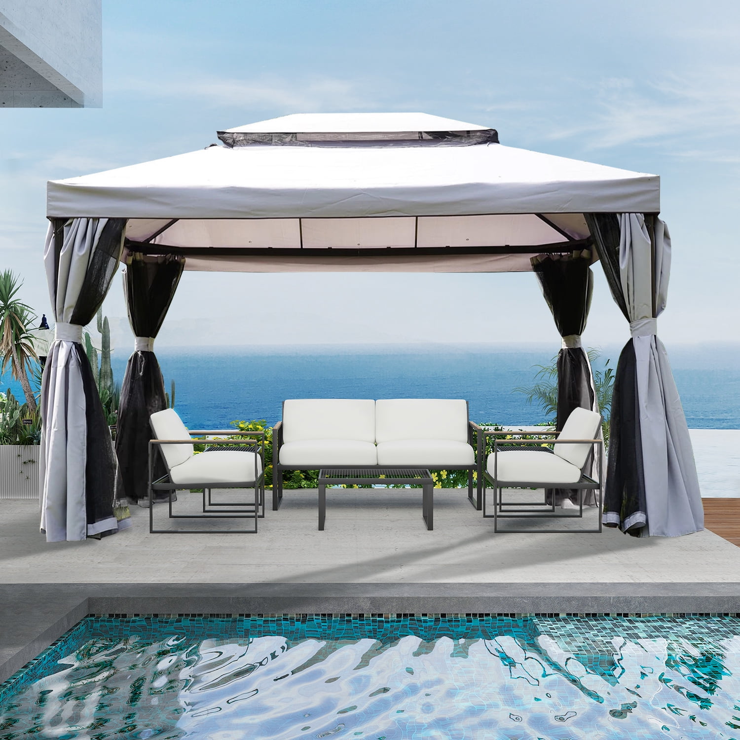 IULULU 10’ x 13’ Outdoor Pavilion Gazebo, Mosquito Netting and Zippered Curtains