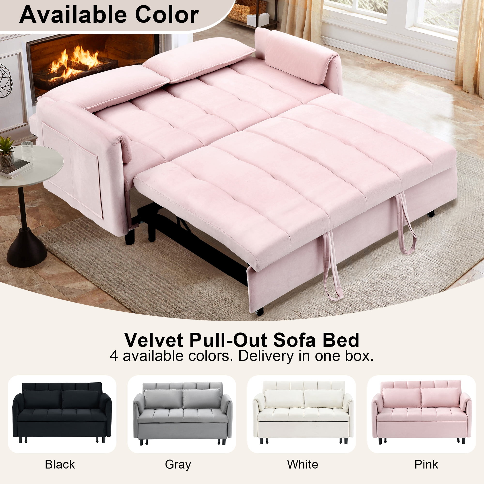 BedLuxury 53" Velvet Convertible Futon Sofa Bed, 3-in-1 Loveseat Sleeper Sofa with Pull Out Bed & Adjustable Backrest for Living Room or Office, Pink
