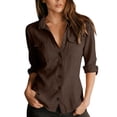 thumbnail image 3 of DONGYANZOM Cotton Linen Button Down Shirts for Women Long Sleeve Collared Work Casual Blouses Slim Fit Dressy Tops with Pockets Brown XXL, 3 of 8