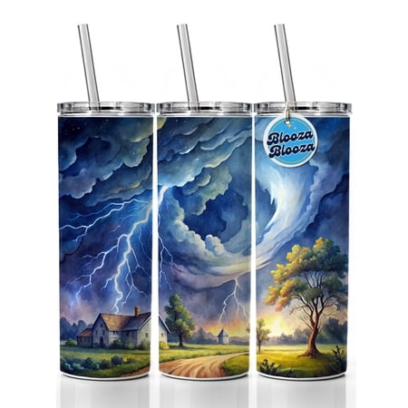 Hurricane and Lightning At Night in the Country Watercolor 20oz Insulated Water Bottle Skinny Tumbler Includes Straw