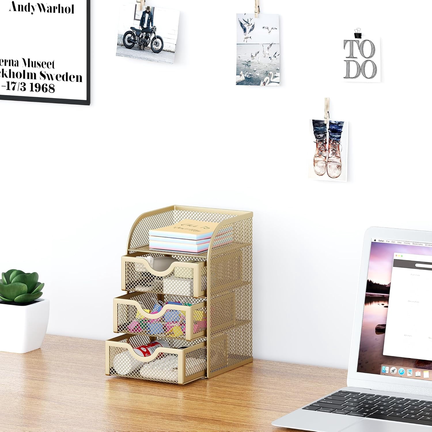 Mesh Desk Organizer with 3 Drawer Office Desktop Organizers and Accessories Stationery Caddy for Office, Home, Students, Gold
