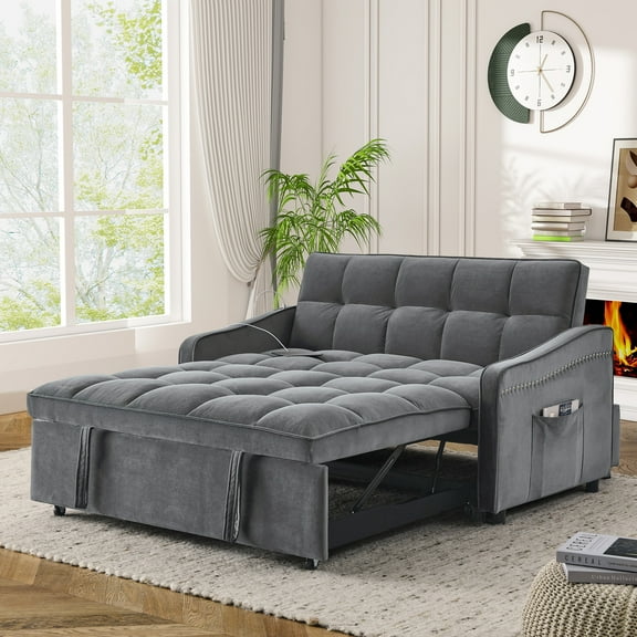 Lunale Loveseat Sleeper with USB/Type-C, Convertible Sleeper Sofa Bed for Living Room/Apt, Gray Velvet