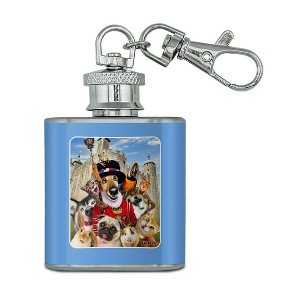 Tower of London England Britain Selfie Dogs Cats Stainless Steel 1oz Mini Flask Key Chain