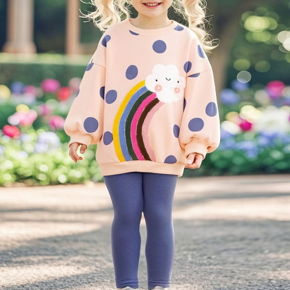 Thetops Big Girls 7T 2-Piece Outfit Set - Stretchy Nylon-Spandex Sweatshirt & Leggings, Polka Dots Rainbow Print, Purple, Comfortable for Daily Play