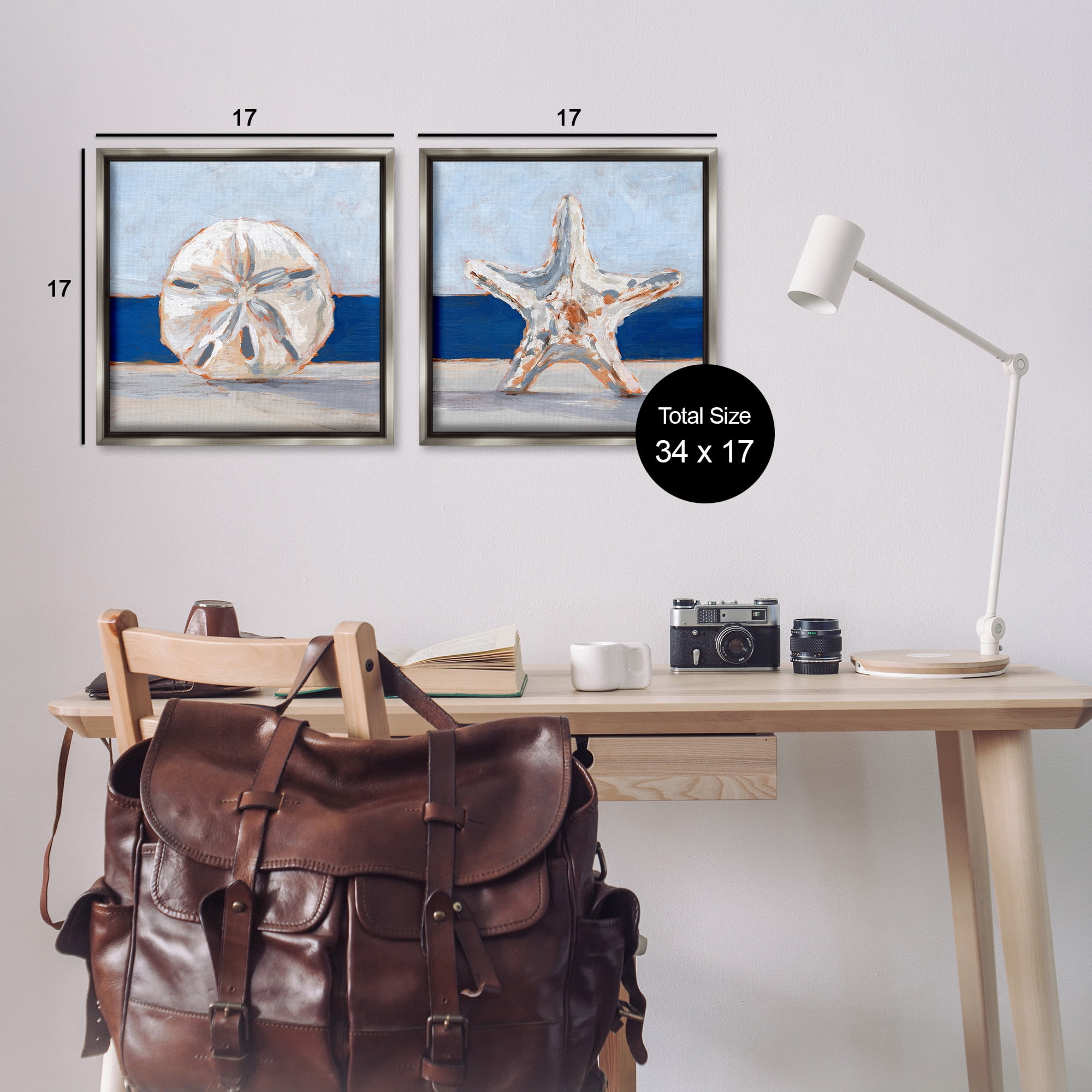 Stupell Industries Sea Life Starfish Seashell Painting Nature Painting Gray Floater Framed Canvas Art Print Wall Art, 18 x 18, Set of 2