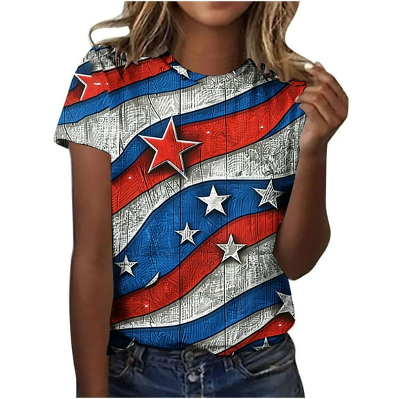 Clean Women's Independence Day T-Shirt Usa Flag Star Stripe Tops Round Neck Short Sleeve Tee Shirts Plus Size Tunic Blouses Lounge Dressy Patriotic T-Shirts Summer Going Out Vacation Costume