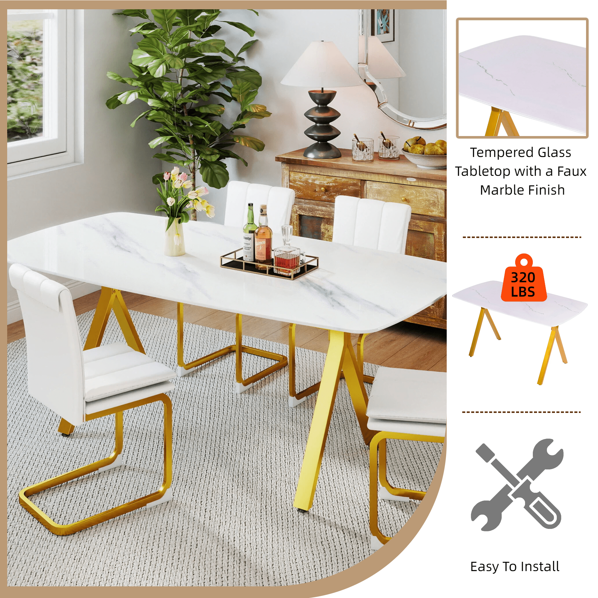Mintazer 51" Modern Rectangular Dining Table with Marble Tempered Glass Top & Gold Metal Legs, Kitchen Table for 4-6 People, Gold & White