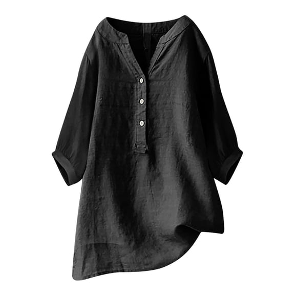 T-Shirts For Women Loose Button Shirt Stand Up Collar Solid Color 7 Sleeve Neck Casual T Shirt Womens Tops