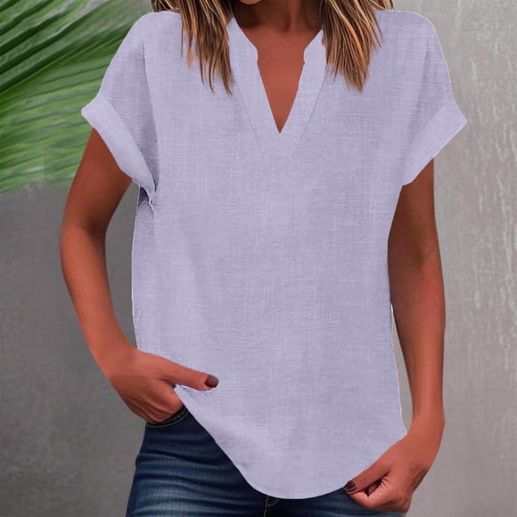 RKSTN Tops for Teachers Women's Solid Color Imitation and Linen Shoulder to Short Sleeved V-Neck Pullover Fashionable School Outfits for Teachers