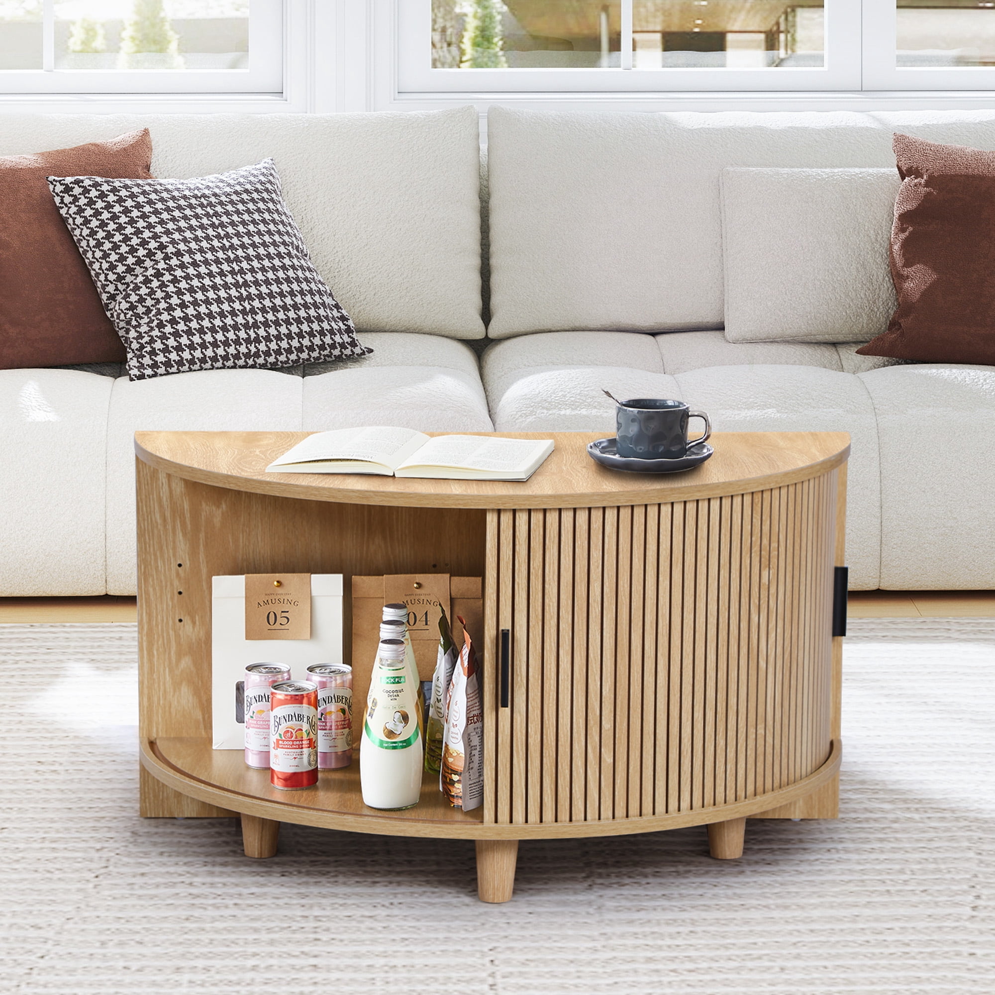 Wirrytor Fluted Round Coffee Table with Flip Top and Hidden Storage Compartments, Mid Century Modern Center Table with Sliding Door for Living Room, Oak Finish