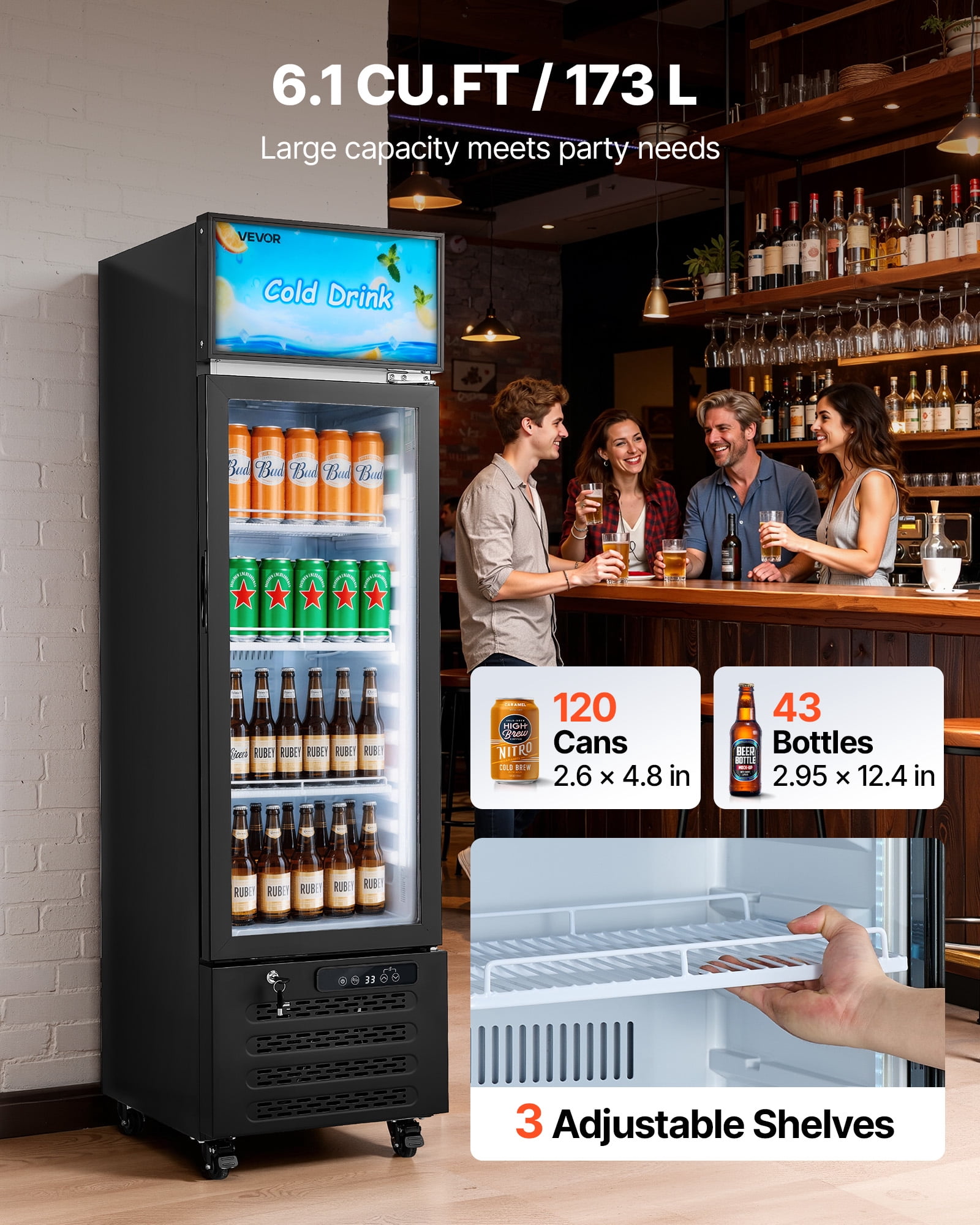 VEVOR Commercial Merchandiser Refrigerator, 6.1 Cu.Ft / 173 L Glass Door Display Refrigerator, Upright Beverage Cooler with Customizable Lightbox,3 Adjustable Shelves & Soft LED Light for Homes Shops