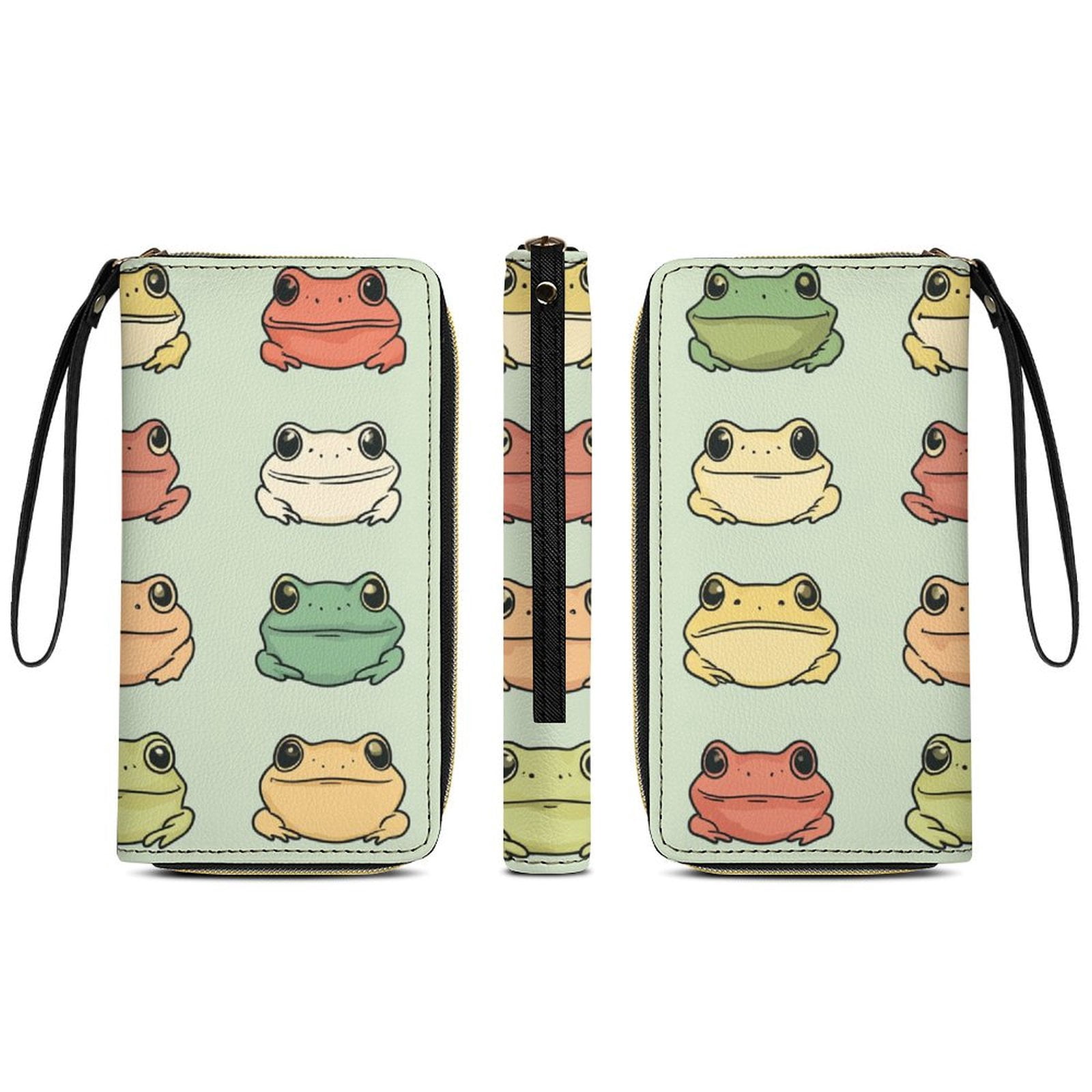 Womens Wallet Bifold Ladies Cluth Bag Wristlet Wrist Strap Long Purse Cute Frog Design