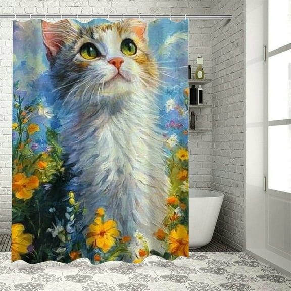 Autua Cute Cat Shower Curtain Set with Hooks, Premium 100% Polyester Fabric Bathroom Shower Curtain, Waterproof, Vibrant HD Print, Easy Installation, Machine Washable 36"x72