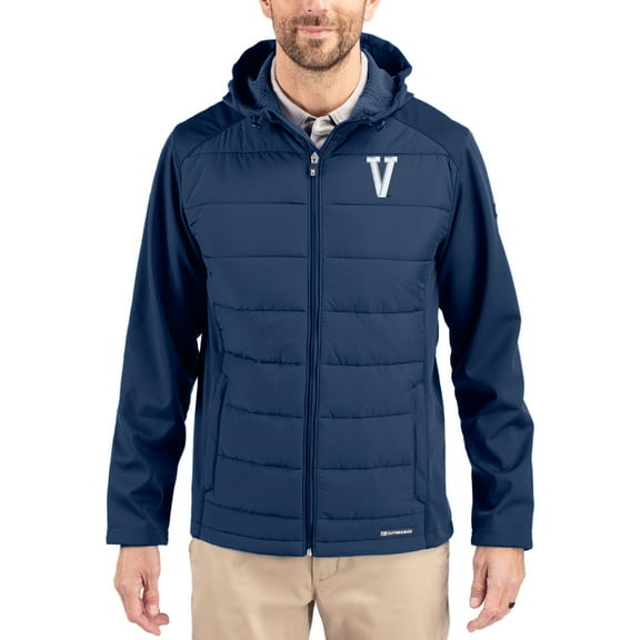 Men's Cutter & Buck Navy Villanova Wildcats Evoke Hybrid Eco Softshell Recycled Full Zip Hooded Jacket