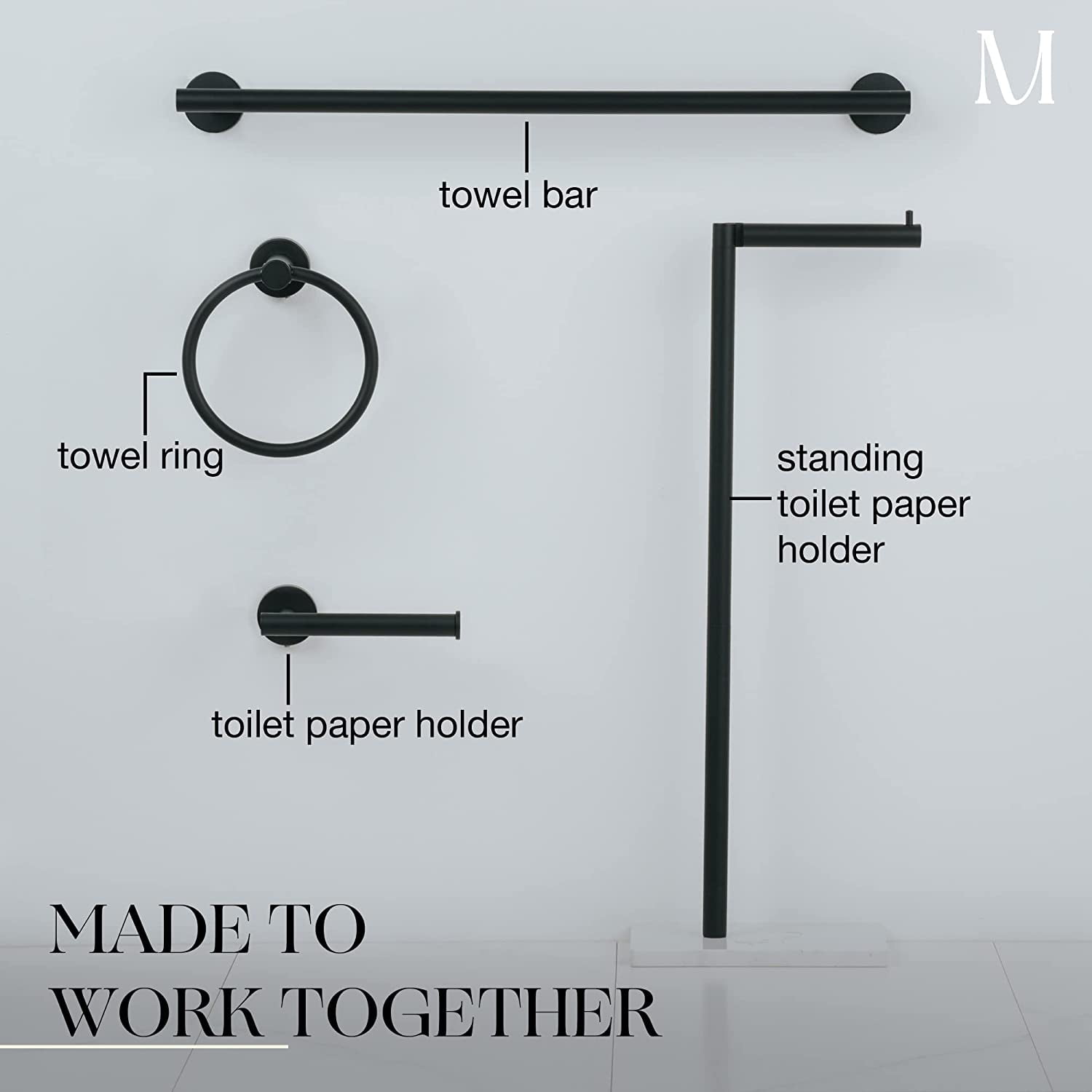 Marmolux Acc Matte Black Toilet Paper Holder Free Standing W/ White Marble Base Storage for Bathroom