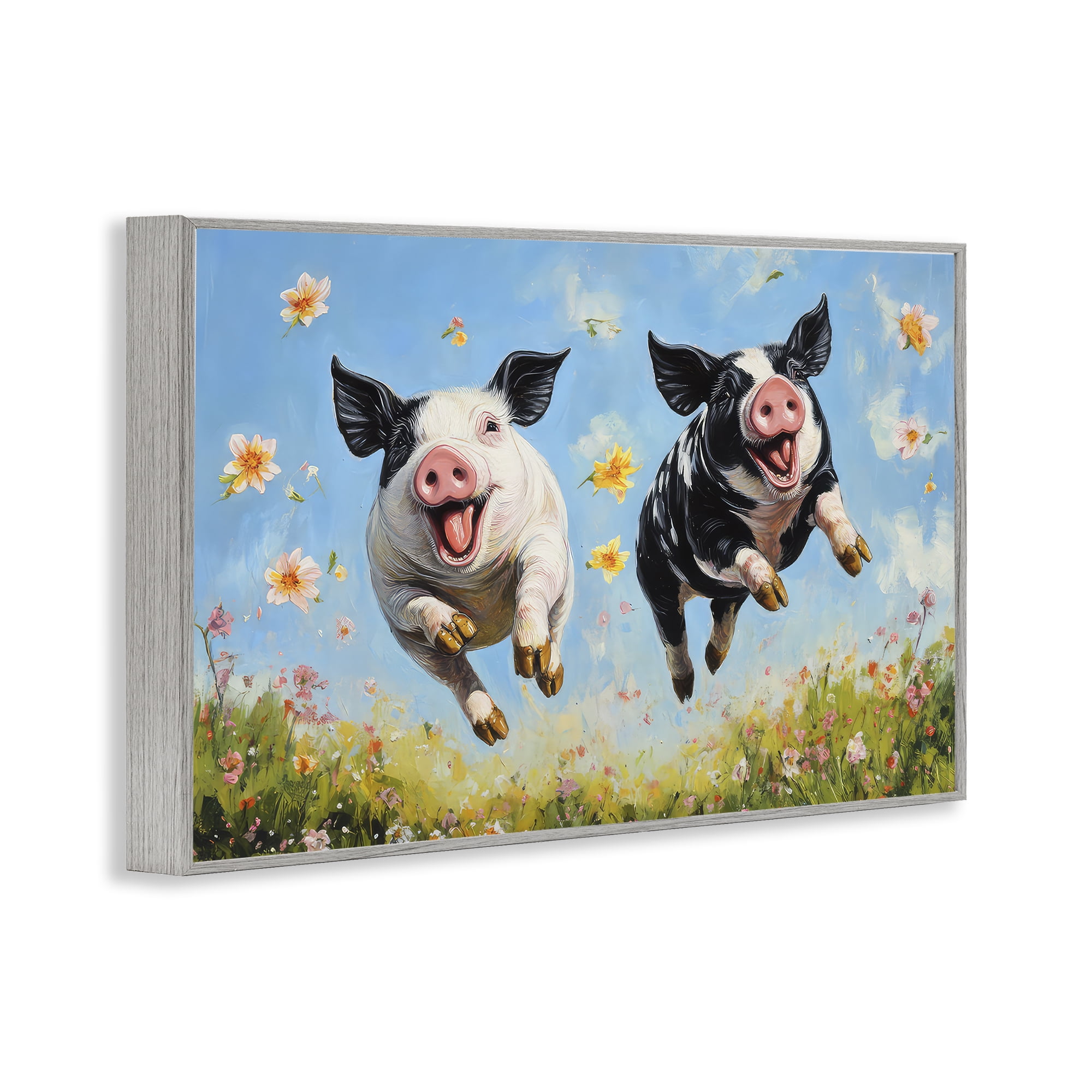 Stupell Industries Flying Pigs & Flowers Gray Framed Giclee Art, design by The Wands Want