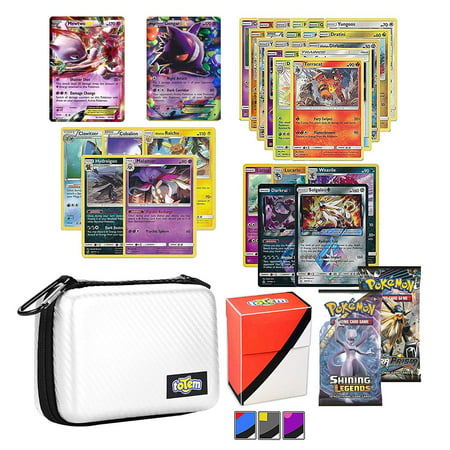 Totem World Pokemon Cards EX Lot with White Card Case, 2 Pokemon EX Cards Guaranteed, Plus 2 Booster Pack, 5 Rares, 5 Holos, 20 Regular Pokemon Cards, and 1 Deck