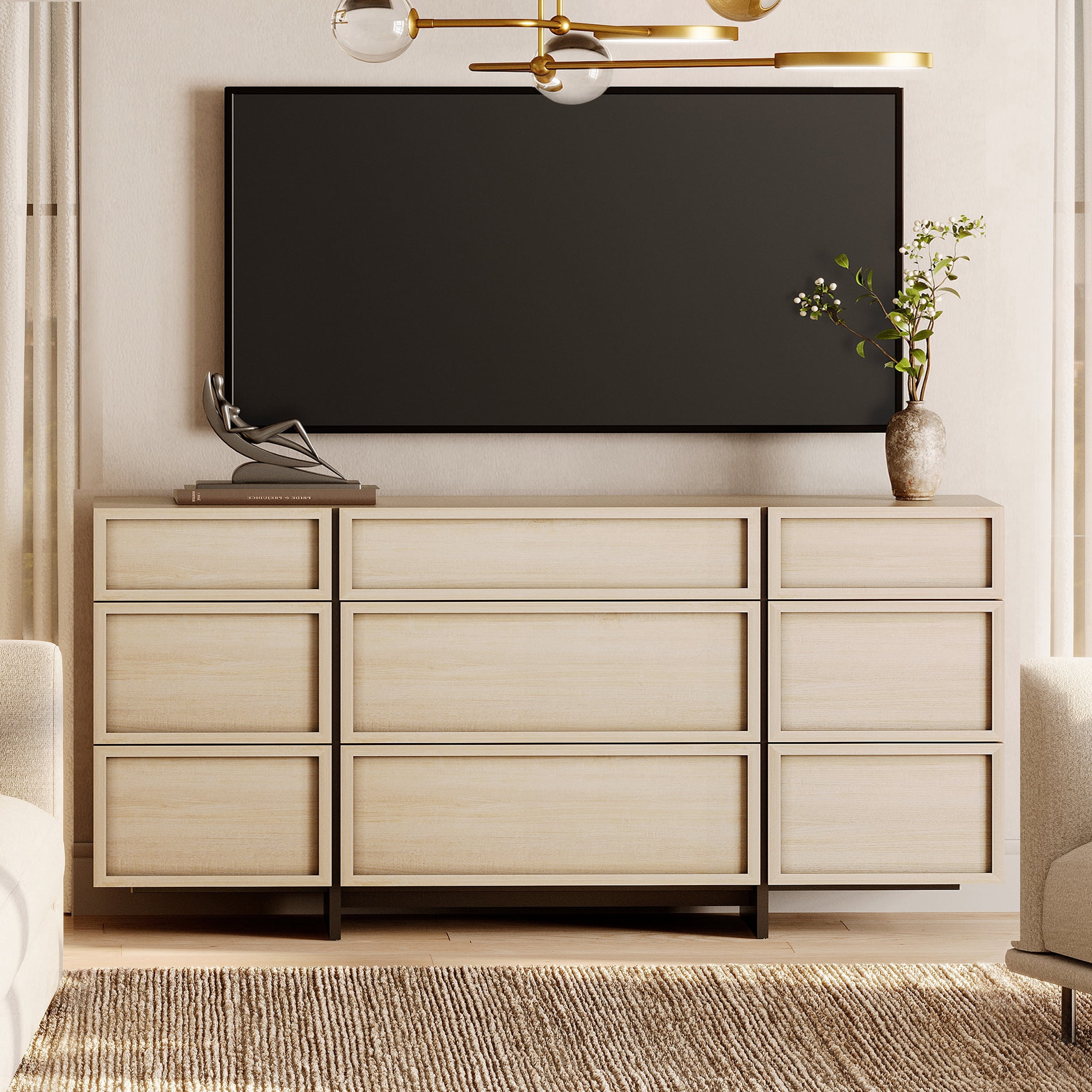 Modern TV Stand with 9 Drawers and T-Shaped Wood Legs, Picture Frame Style Entertainment Center Media Console with Smooth Metal Slides, Fits TVs up to 70 Inch for Living Room Bedroom，Beige