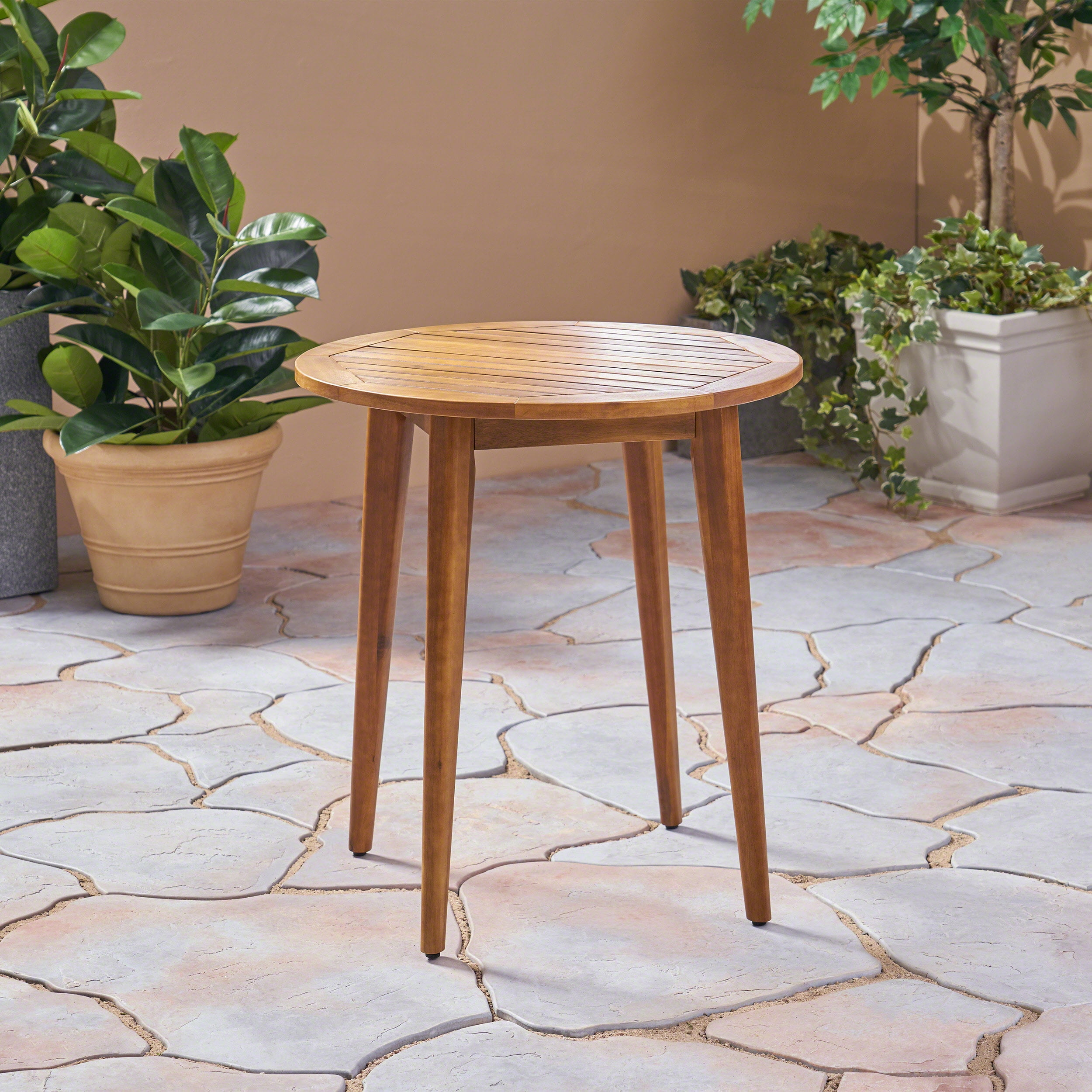 Euroco Modern Round Outdoor Bistro Table, Solid Acacia Wood with Water-Resistant Finish, Patio Dining Table for 2, Natural Brown