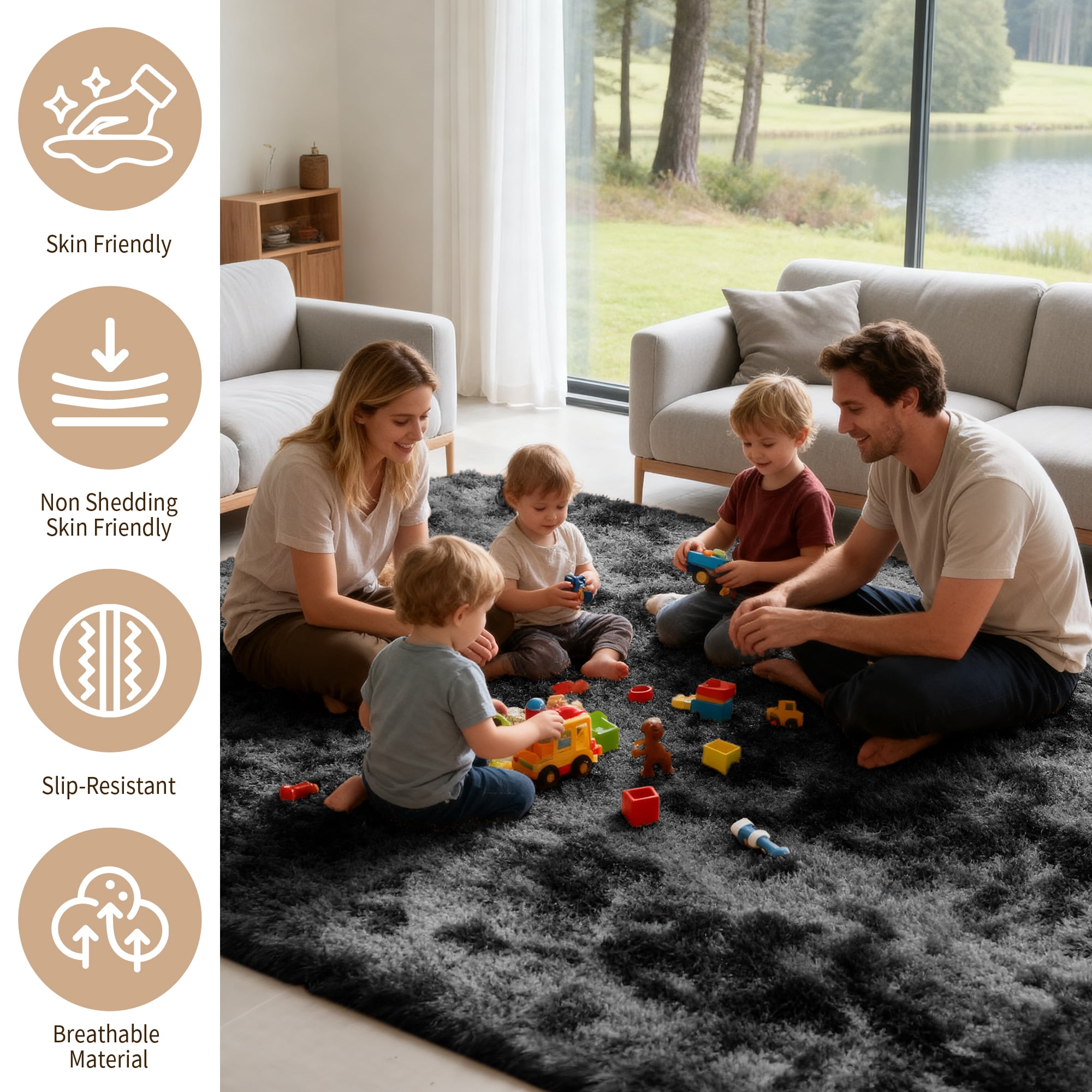 CozyDesg 9ft x 12ft Area Rugs, Soft Fluffy Area Rugs Floor Mat Floor Rugs for Living Room Bedroom Modern Decor Carpet,Black Gray