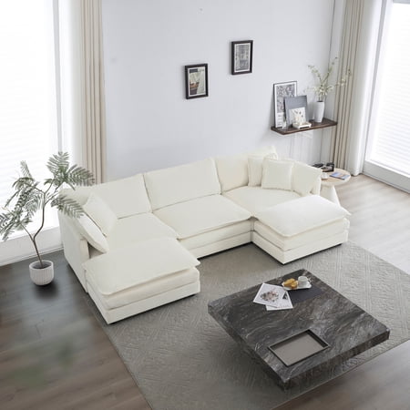 3-Seater U-Shaped Sectional Sofa w/Reversible Footrest Convertible Corner Couch with 2 Ottomans Minimalist Soft Sofa & Couch for Living Room (White)