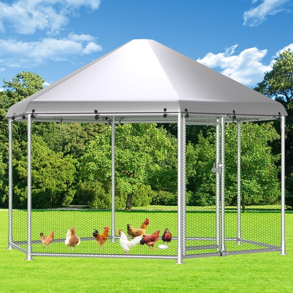 HITTITE Large Metal Chicken Coop with Run, 13 x 6.6 x 8.6 ft Walk in Poultry Cage Chicken Run Pen, Outdoor Chicken Runs for Yard with Waterproof & Anti-UV Cover