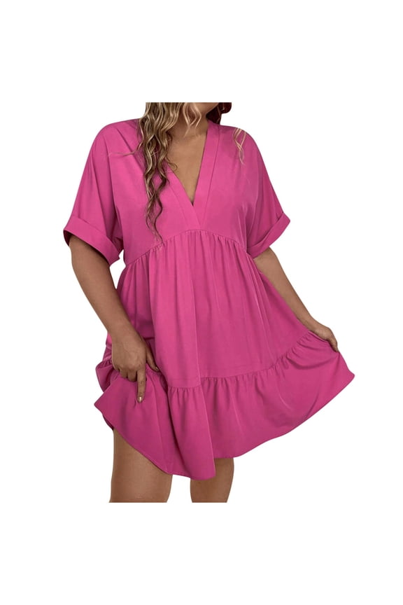 Womens Short Sleeve Mini Dress Summer Babydoll T Shirt Skirts for Women Classic Fit Timeless Sundress Tiered Pleated Swing Flowy Loose Beach Casual Smocked ,XL,Hot Pink