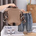 thumbnail image 3 of Toddler Boys Three Piece Outfit Set Plaid Shirt Knitted Vest and Denim Pants Casual Long Sleeve Top and Jeans, 3 of 7
