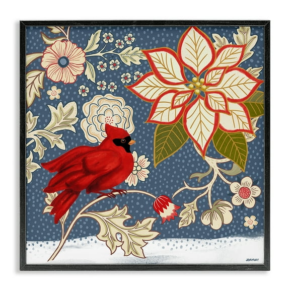 Stupell Industries Winter Cardinal with Flowers Animals & Insects Painting Black Framed Art Print Wall Art, 12 x 12