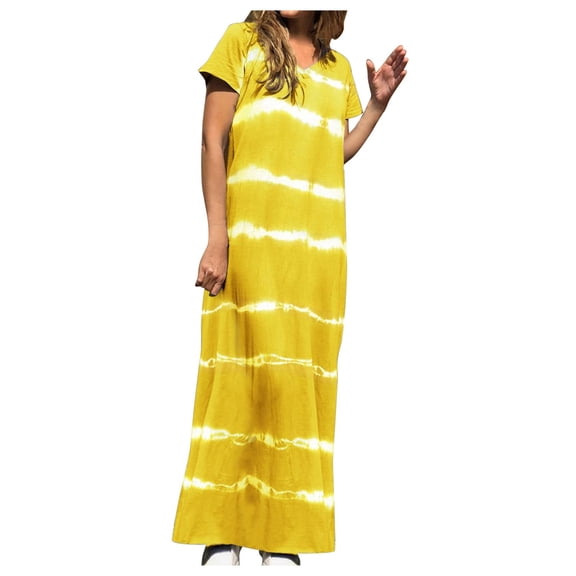 Henpk Summer Dresses for Women Striped T Shirt Dress Casual Midi Dress Short Sleeve Sundress with Pockets Casual Loose All-Match Stripe Print Fashion Long Dress Yellow XXL