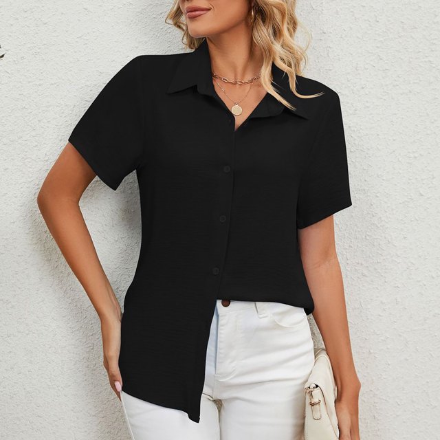 Fiudx Ofertas Del Día Blusa de Manga Corta con Botones y Cuello Redondo para Mujer, Blusa Holgada de Color Sólido