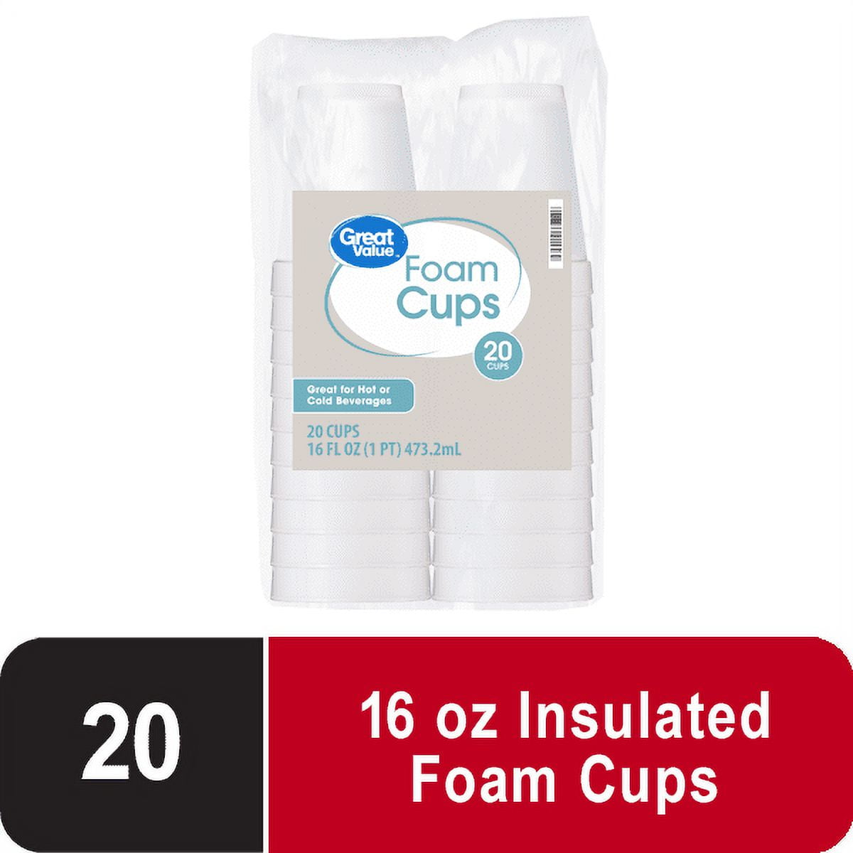 (3 pack) Great Value 16 oz Foam Cups, 20 count