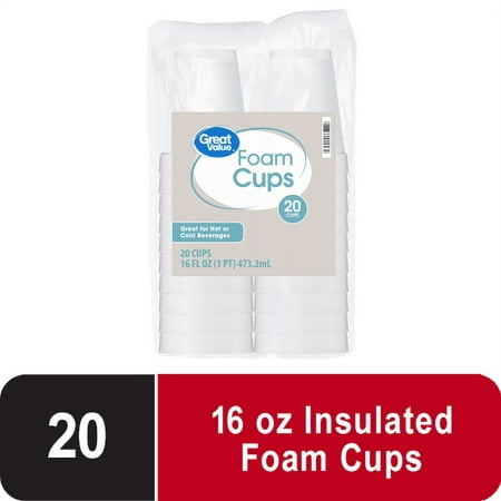 Great Value Disposable Foam Cups, 16 oz, 20 Count